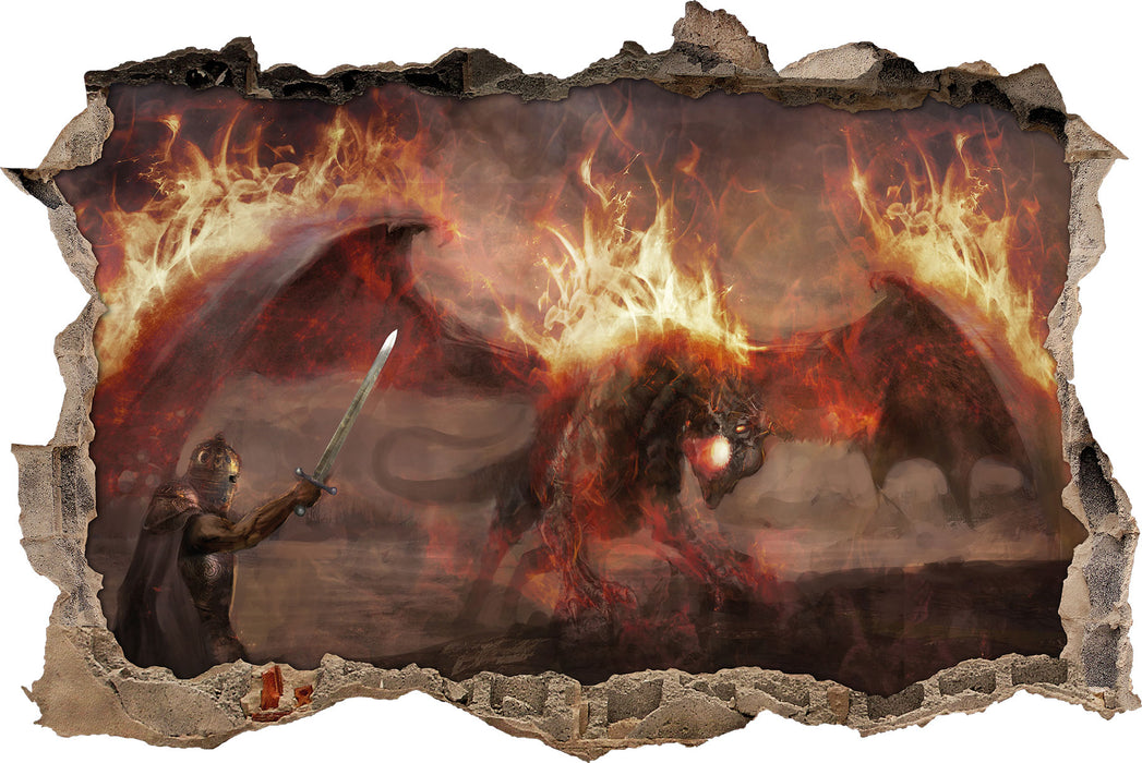 Pixxprint Ritter Drachen Feuer, 3D Wandtattoo