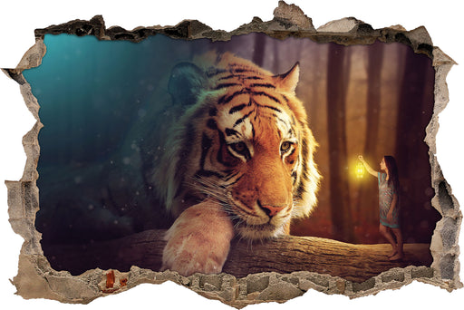 Eine Frau und ein Riesen-Tiger  3D Wandtattoo Wanddurchbruch