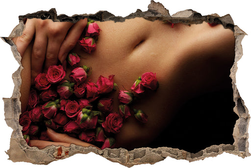 weiblicher Körper mit Rosen Blumen  3D Wandtattoo Wanddurchbruch