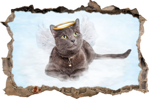Katzen-Engel auf Wolke  3D Wandtattoo Wanddurchbruch
