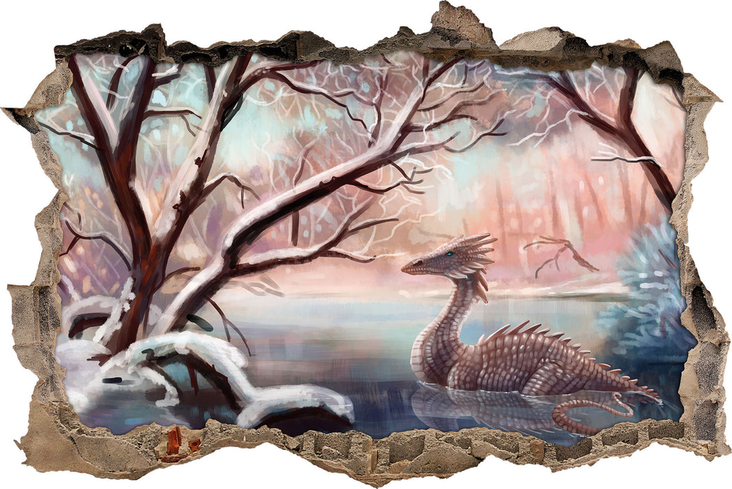 Pixxprint Drache im schneebedeckten Wald, 3D Wandtattoo