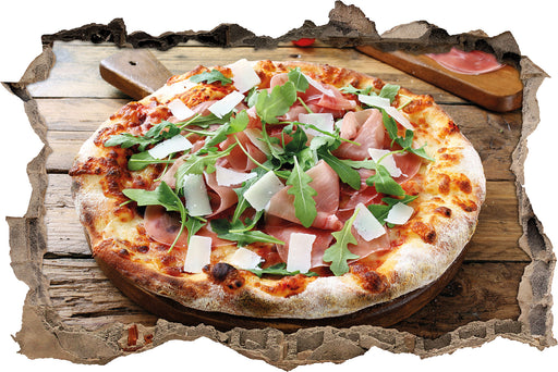 Prosciutto Pizza auf Holztisch  3D Wandtattoo Wanddurchbruch