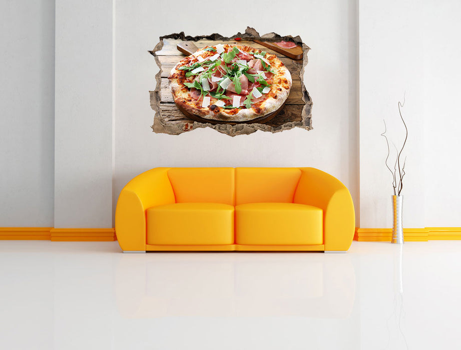 Prosciutto Pizza auf Holztisch 3D Wandtattoo Wanddurchbruch Wand