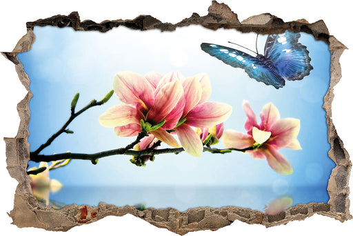 Schmetterling mit Magnolien-Blüte 3D Wandtattoo Wanddurchbruch