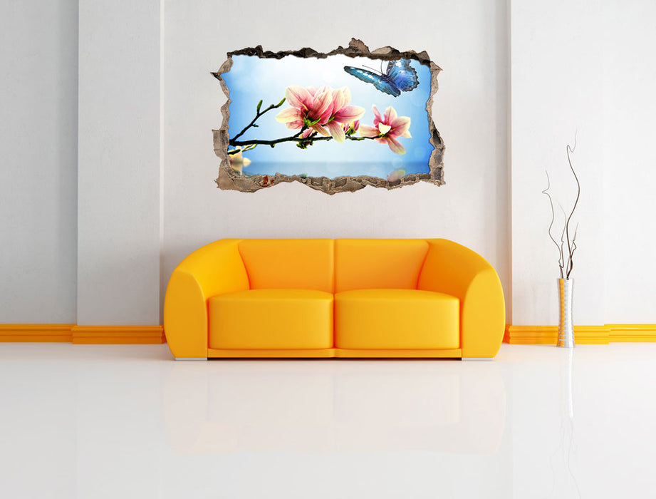 Schmetterling mit Magnolien-Blüte 3D Wandtattoo Wanddurchbruch Wand