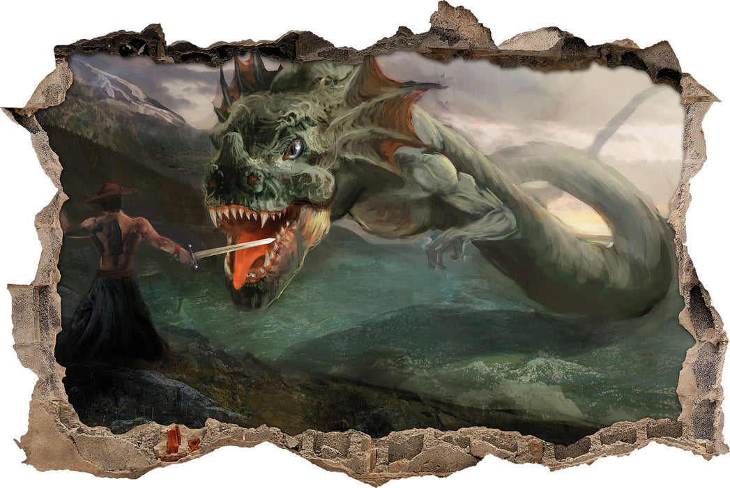 Pixxprint Drache kämpft gegen Krieger, 3D Wandtattoo