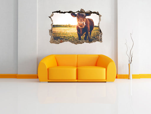 Kuh auf Blumenwiese 3D Wandtattoo Wanddurchbruch Wand