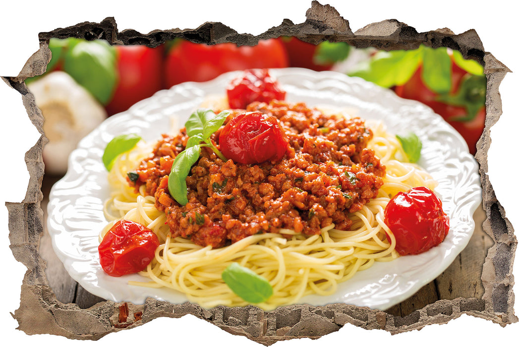 Spaghetti Bolognese auf dem Teller  3D Wandtattoo Wanddurchbruch