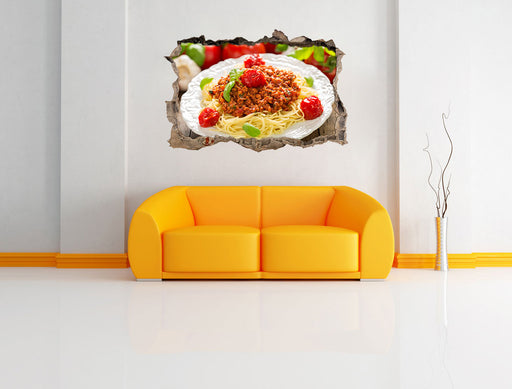 Spaghetti Bolognese auf dem Teller 3D Wandtattoo Wanddurchbruch Wand