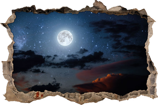 Leuchtender Mond am Nachthimmel 3D Wandtattoo Wanddurchbruch