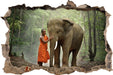 wunderschöner Elefant mit Mönch  3D Wandtattoo Wanddurchbruch