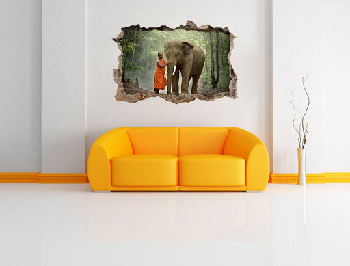 wunderschöner Elefant mit Mönch 3D Wandtattoo Wanddurchbruch Wand