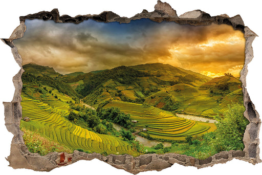 eine Berg Farm in Asien  3D Wandtattoo Wanddurchbruch