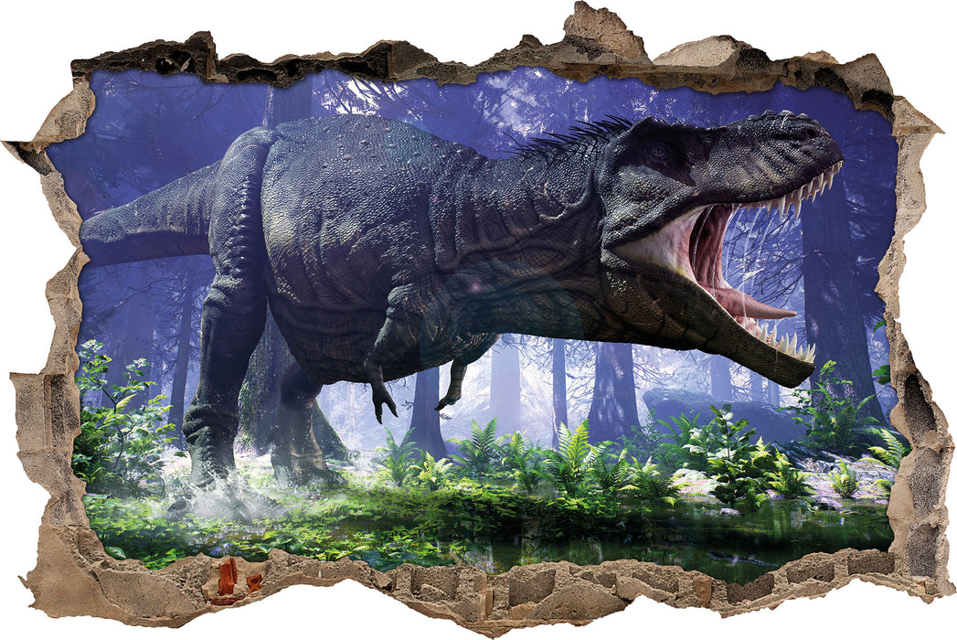 T-Rex Dinosaurier im Wald 3D Wandtattoo Wanddurchbruch