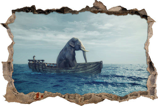 lustig sitzender Elefant im Boot 3D Wandtattoo Wanddurchbruch