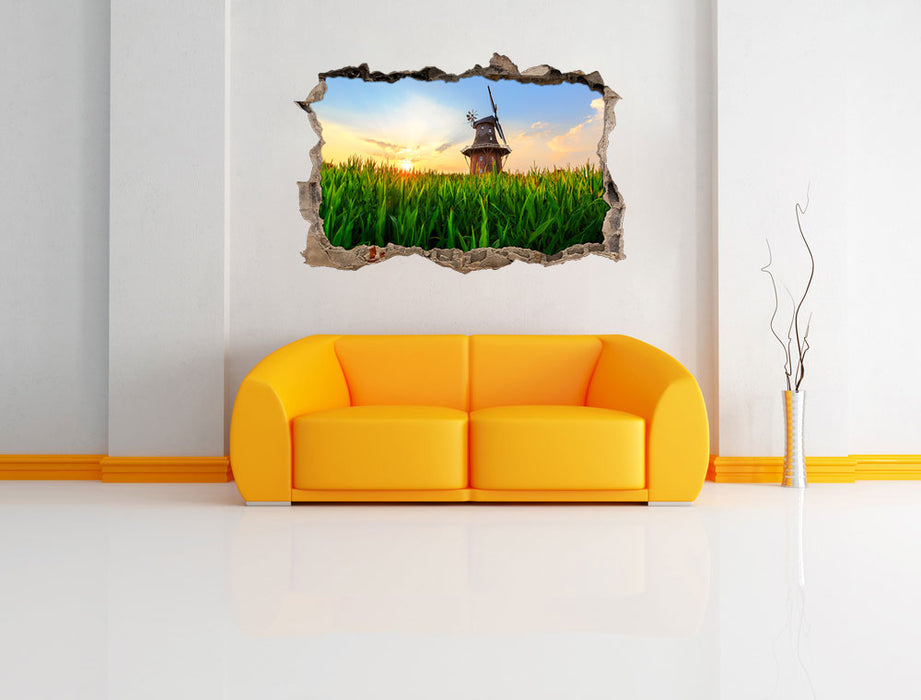 schöne Windmühle auf dem Feld 3D Wandtattoo Wanddurchbruch Wand