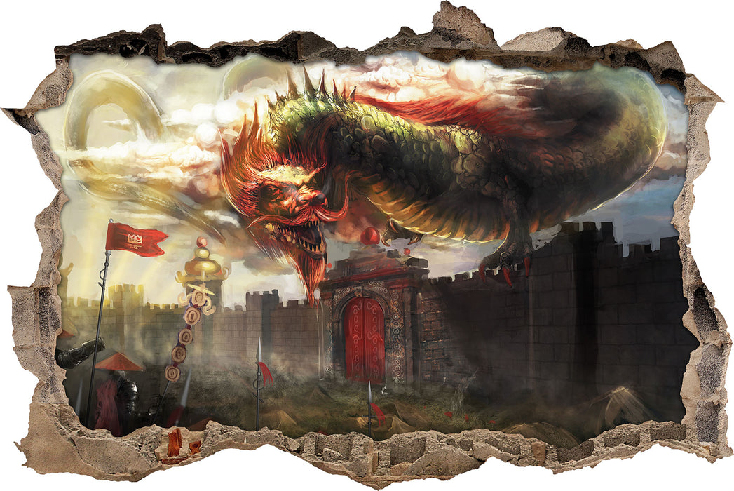 Pixxprint Drache über der Festung, 3D Wandtattoo