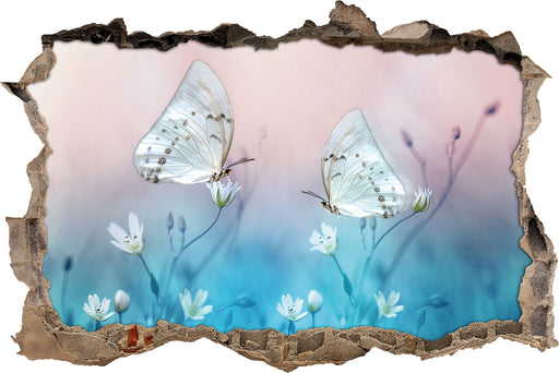 Schmetterling auf kleinen Blumen  3D Wandtattoo Wanddurchbruch