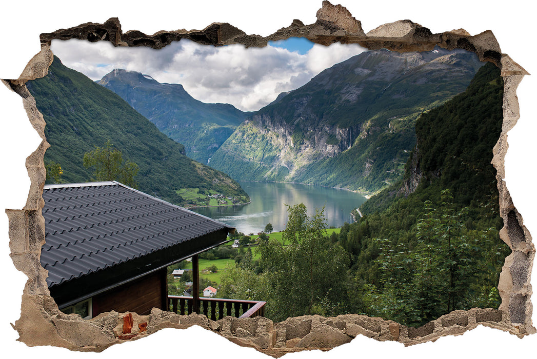 Pixxprint Hütte in schöner Umgebung, 3D Wandtattoo