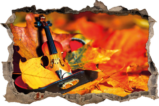 Violine umgeben von Blättern  3D Wandtattoo Wanddurchbruch