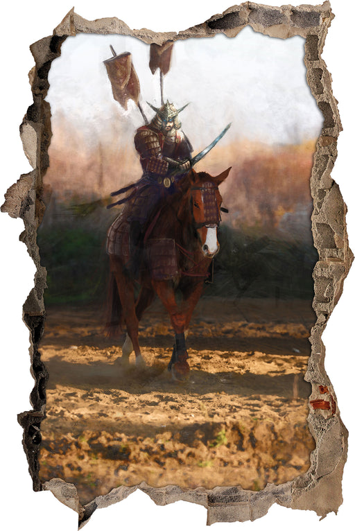Samurai Krieger auf einem Pferd  3D Wandtattoo Wanddurchbruch