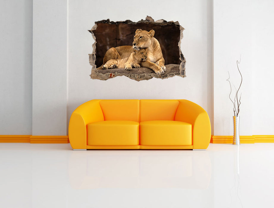 Löwe mit Löwenjungen 3D Wandtattoo Wanddurchbruch Wand