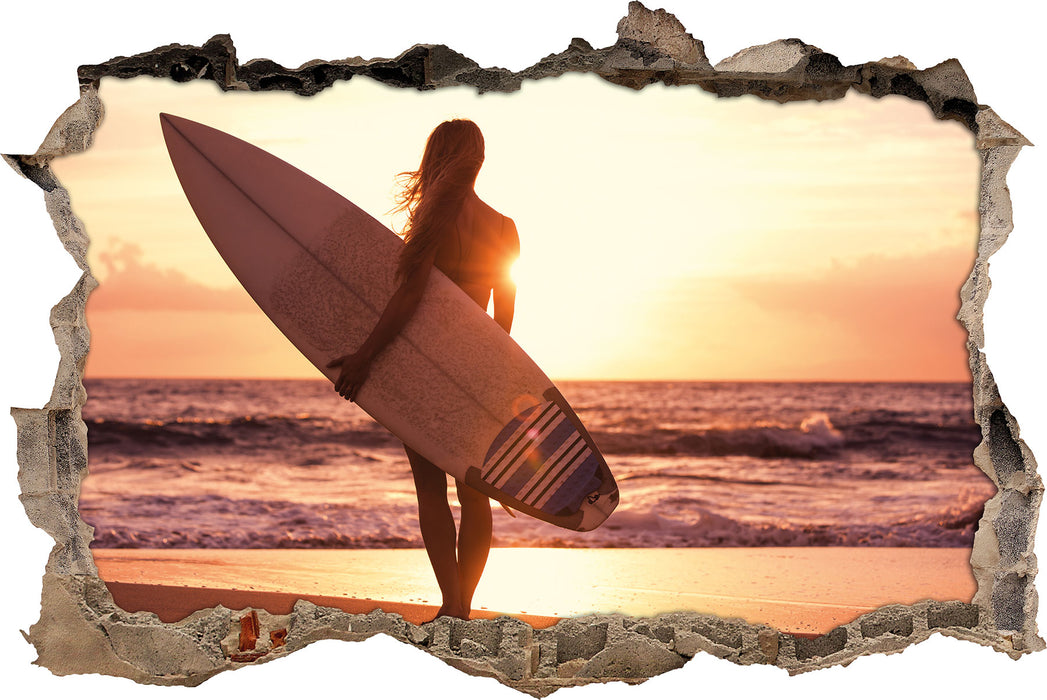 Pixxprint Surferin vor Sonnenuntergang, 3D Wandtattoo
