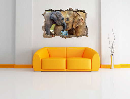 Elefantenmutter mit Kalb 3D Wandtattoo Wanddurchbruch Wand