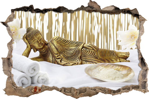 goldener Buddha auf Handtuch 3D Wandtattoo Wanddurchbruch