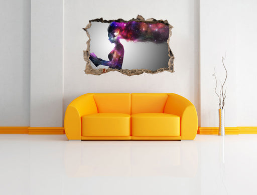 abstrakte Frau mit Buch 3D Wandtattoo Wanddurchbruch Wand