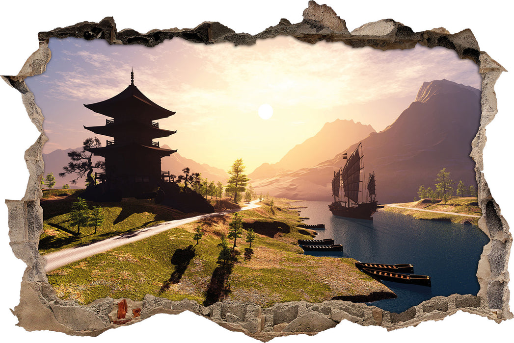 Pixxprint asiatischer Tempel an Fluss, 3D Wandtattoo