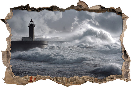 Sturmwellen Leuchtturm Portugal 3D Wandtattoo Wanddurchbruch