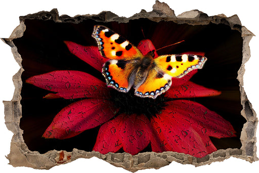 Schmetterling auf roter Blüte 3D Wandtattoo Wanddurchbruch