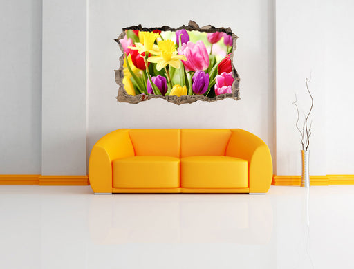 Osterglocken und Tulpen 3D Wandtattoo Wanddurchbruch Wand