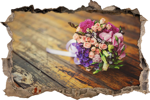 Blumenstrauß auf altem Holztisch  3D Wandtattoo Wanddurchbruch