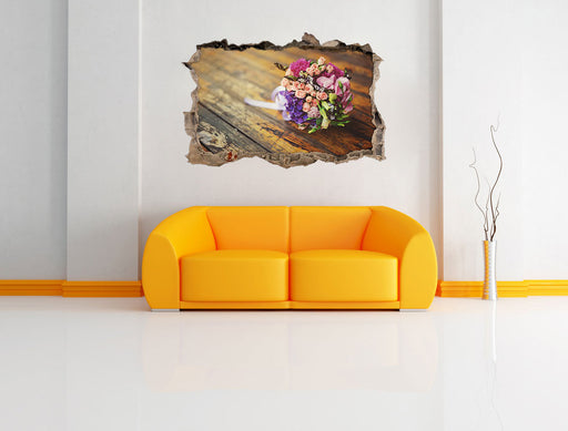 Blumenstrauß auf altem Holztisch 3D Wandtattoo Wanddurchbruch Wand