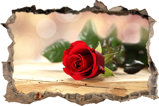 Rose auf Holztisch 3D Wandtattoo Wanddurchbruch