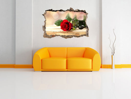 Rose auf Holztisch 3D Wandtattoo Wanddurchbruch Wand