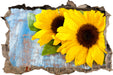 Sonnenblumen auf Holztisch  3D Wandtattoo Wanddurchbruch