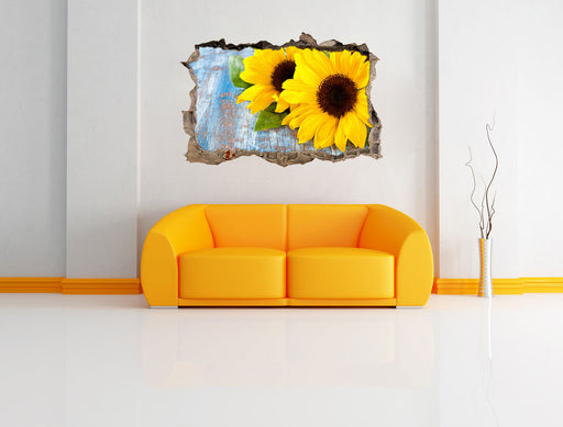 Sonnenblumen auf Holztisch 3D Wandtattoo Wanddurchbruch Wand