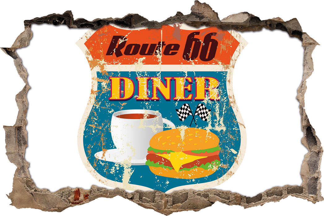 Pixxprint Altes Route 66 Schild Diner, 3D Wandtattoo