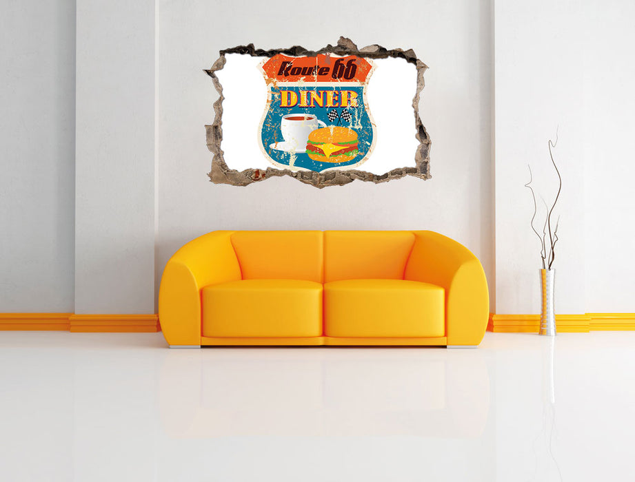 Altes Route 66 Schild Diner 3D Wandtattoo Wanddurchbruch Wand