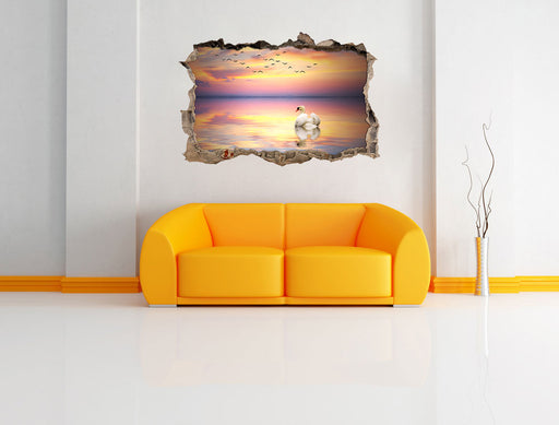 Schwan bei Sonnenuntergang 3D Wandtattoo Wanddurchbruch Wand