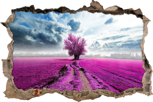 Pinkes Feld mit pinkem Baum  3D Wandtattoo Wanddurchbruch