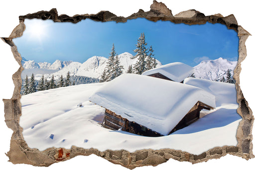 Berghütten in den Alpen  3D Wandtattoo Wanddurchbruch