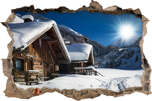 Verschneite Alpenhütte  3D Wandtattoo Wanddurchbruch