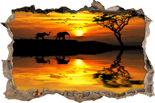 Elefanten in Afrikanischer Steppe 3D Wandtattoo Wanddurchbruch