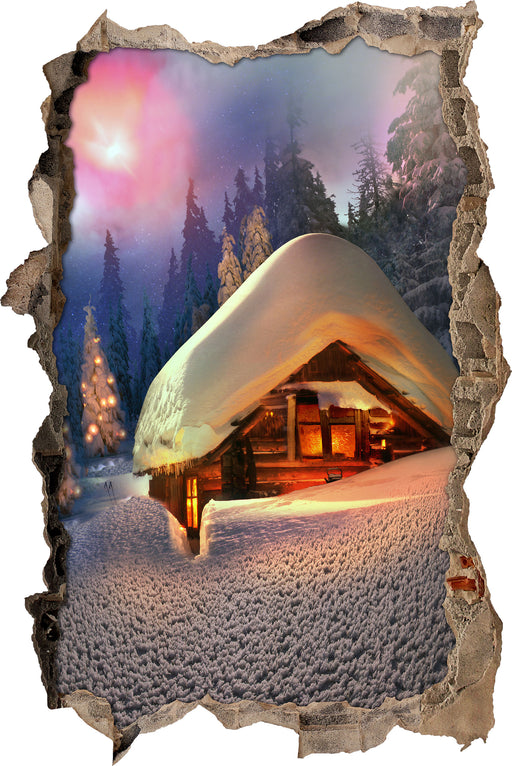 Hütte in Schneelandschaft  3D Wandtattoo Wanddurchbruch