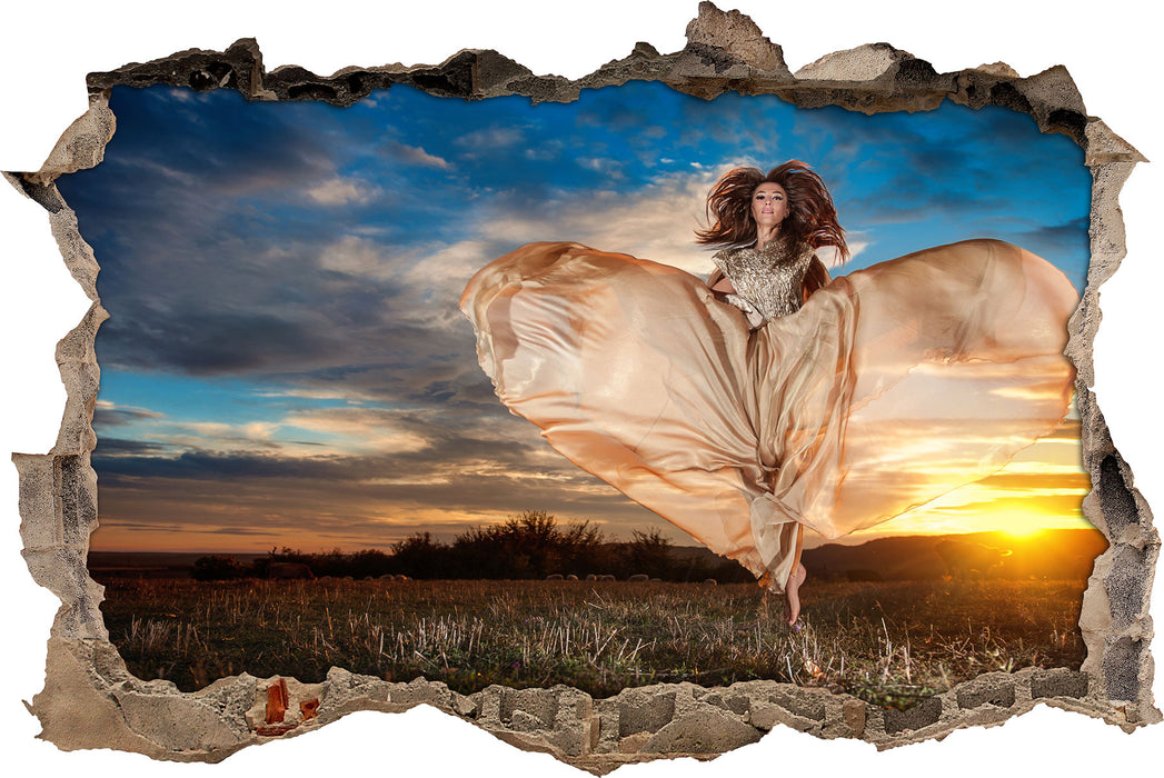 Pixxprint Frau mit Kleid bei Sonnenuntergang, 3D Wandtattoo