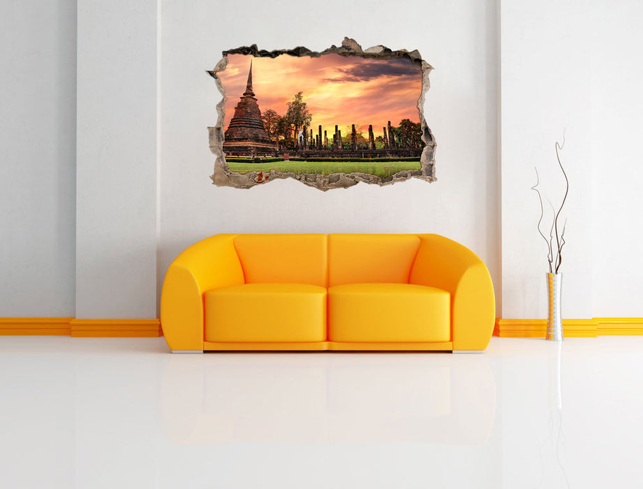 Buddha Tempel im Sonnenuntergang 3D Wandtattoo Wanddurchbruch Wand